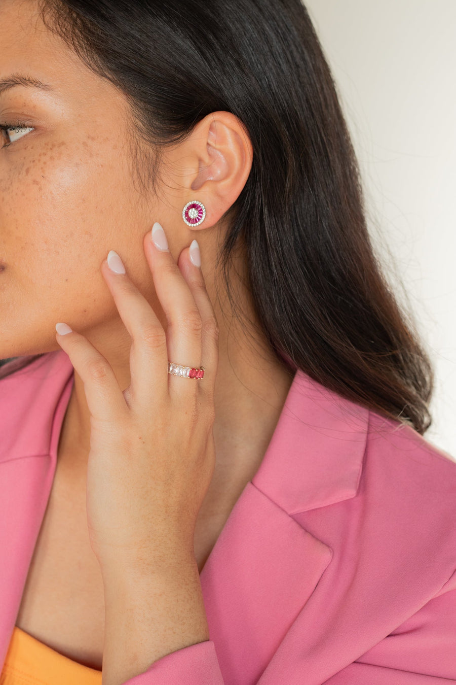 True Earrings Pink + Rhodium Earrings doroglobal.com 